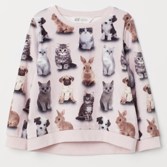 H&M Other - H&M Kids (4-6 yrs) Pastel Pink Velour Sweatshirt w/Kittens, Puppies & Bunnies